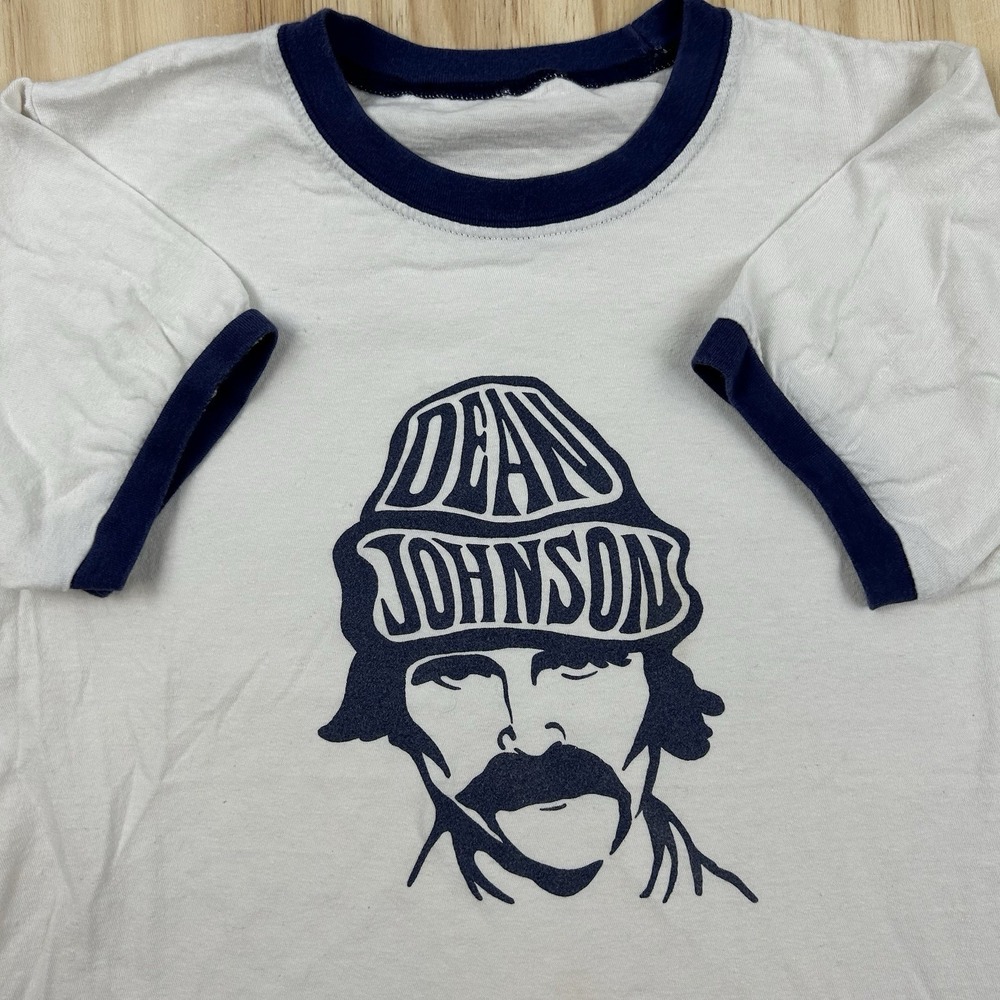 Dean Johnson Tour Ringer T Shirt Women's Small White Blue Short Sleeve Vintage